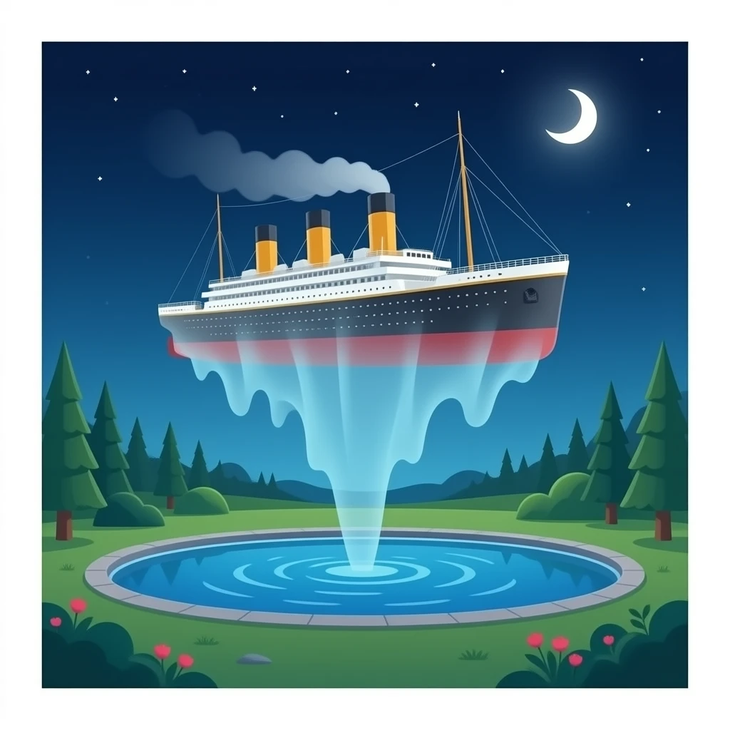 the ghostly ship Titanic hovers in the night sky above a pool of water emoji