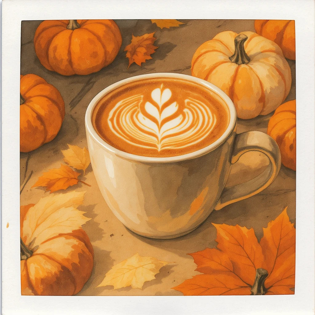 coffee latte art seamless background, pumpkin spice latte, creamy brown and orange tones, cozy autumn café vibe, watercolor effect emoji