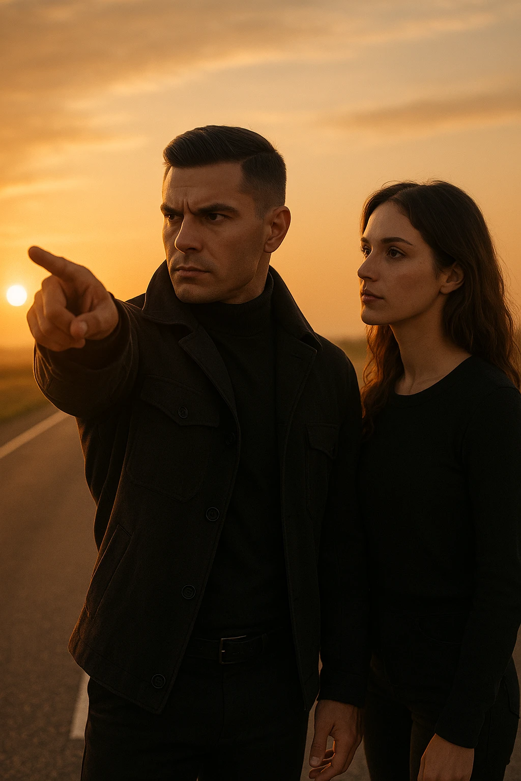 Cinematic photo of a confident man giving clear direction to a woman, standing in front of her with a firm but calm expression, pointing forward as if showing her the path to follow. The man is dressed in a dark jacket, embodying the role of a commander, while the woman looks at him attentively, ready to follow. The setting is an open road at sunrise with soft golden light, symbolizing new beginnings and leadership. Shot from a side angle, capturing both profiles with a clear view of his guiding gesture. emoji