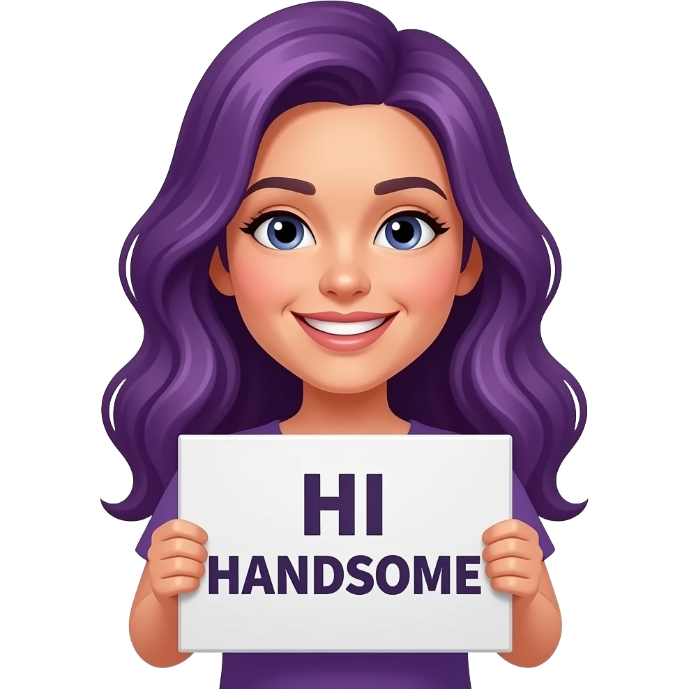girl with long purple hair holding a HI HANDSOME sign emoji