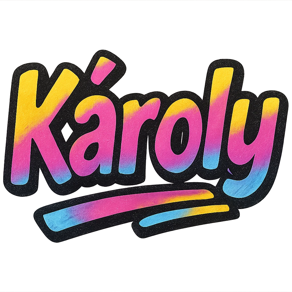 Károly name in modern colorful gradient font with dark outline, partially or fully underlined with dynamic, slanted underline, in the style of sample images emoji