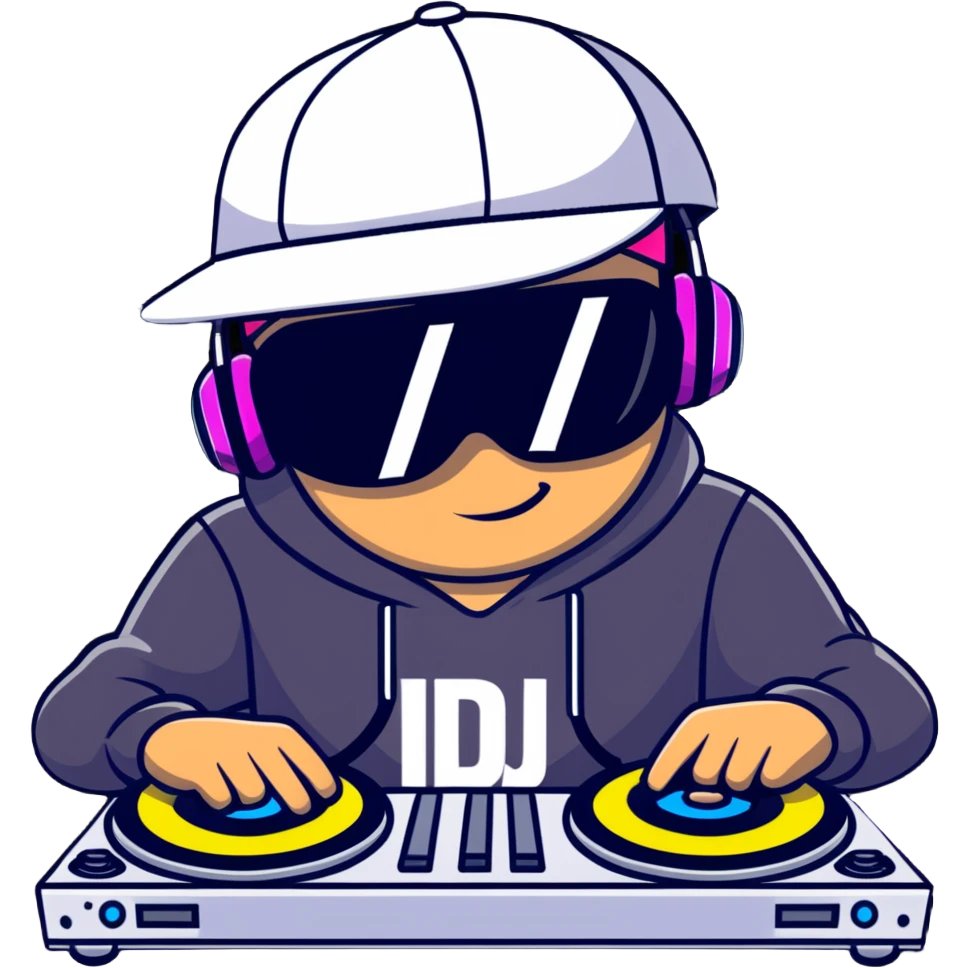 Russian rave artist DJ with cool cap performing electronic music emoji