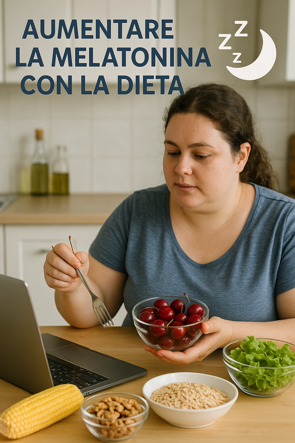 Donna con pcos che cerca di aumentare la sua produzione di melatonina con la dieta immagine realistiche in italiano emoji