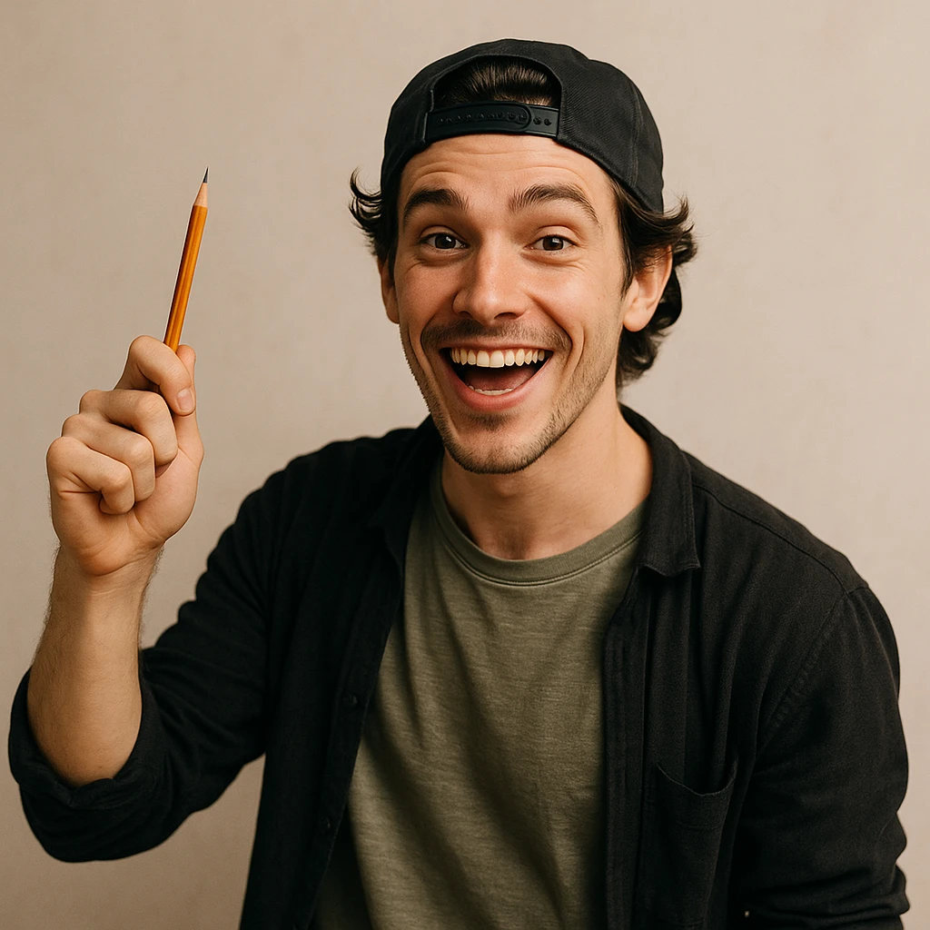 young creative designer, baseball cap backwards, holding a pencil, energetic vibe emoji