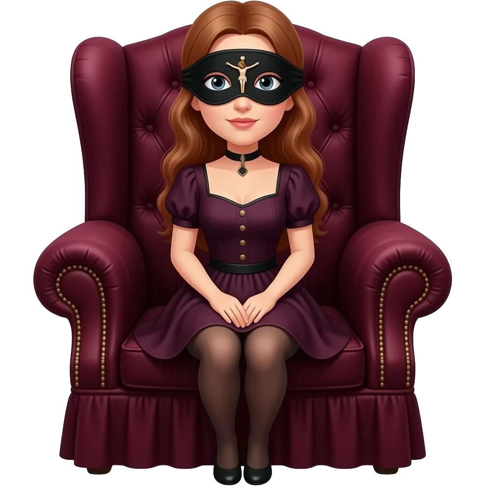 victorian style - The female realistic skinny figure is in a crouching on the armchair covered with heavy bordo fabric. The most prominent detail is the black eye mask with a small figurine of the crucified Jesus sewn between the eyes emoji