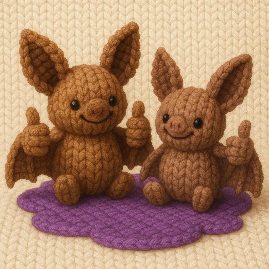 two knitted toy fruit bats giving a thumbs-up, sitting in a puddle of purple liquid, knitted patch style emoji
