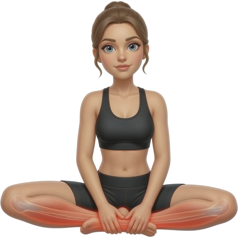 leg pain, full red glow covering both legs from hips to feet, woman holding one leg, fair-skinned woman, gray-blue eyes, ash brown brows, ash light brown hair tied back, slim athletic body, black workout set emoji