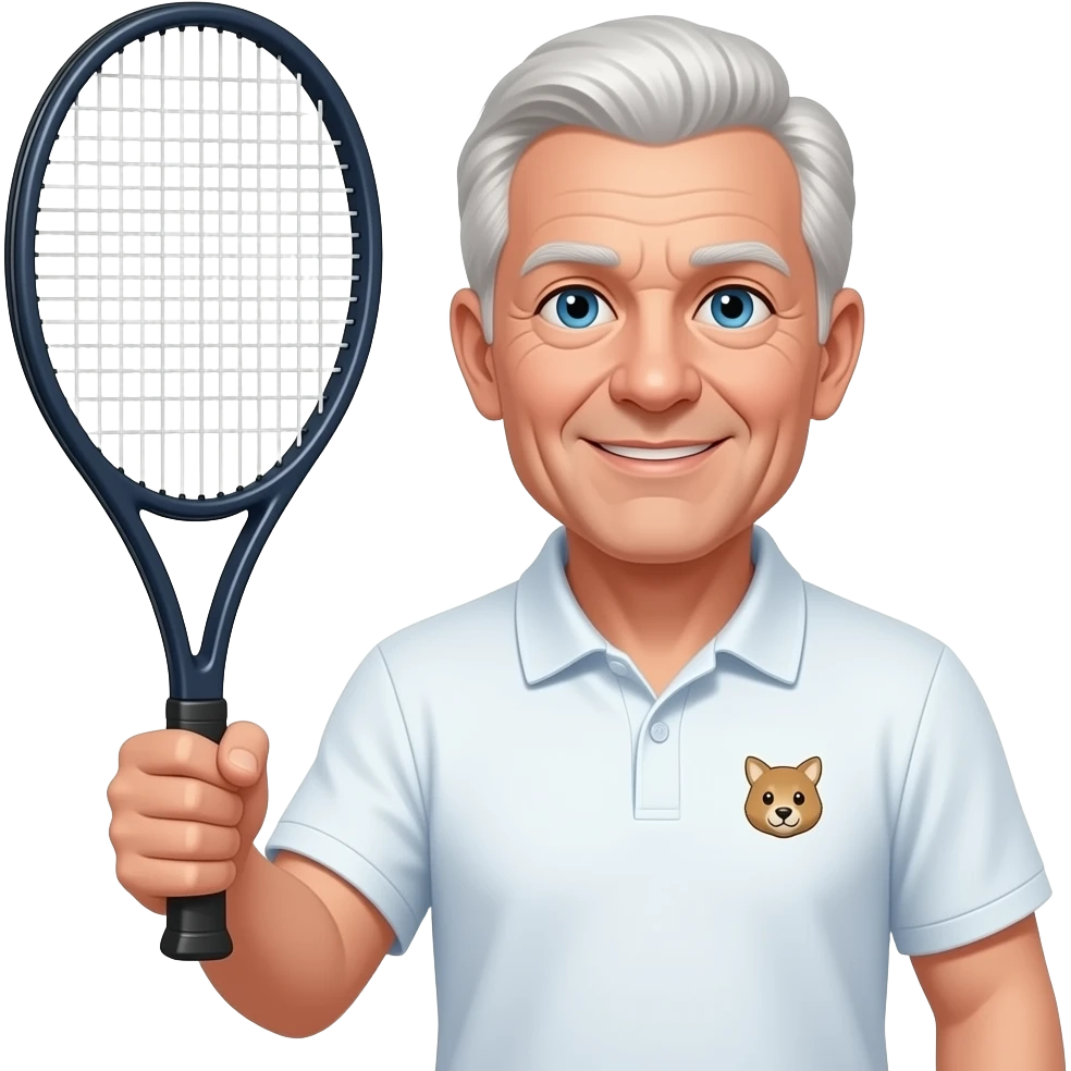 older man, tennis racket in right hand, bottle polo with small animal logo, blue eyes, lite hair all over emoji