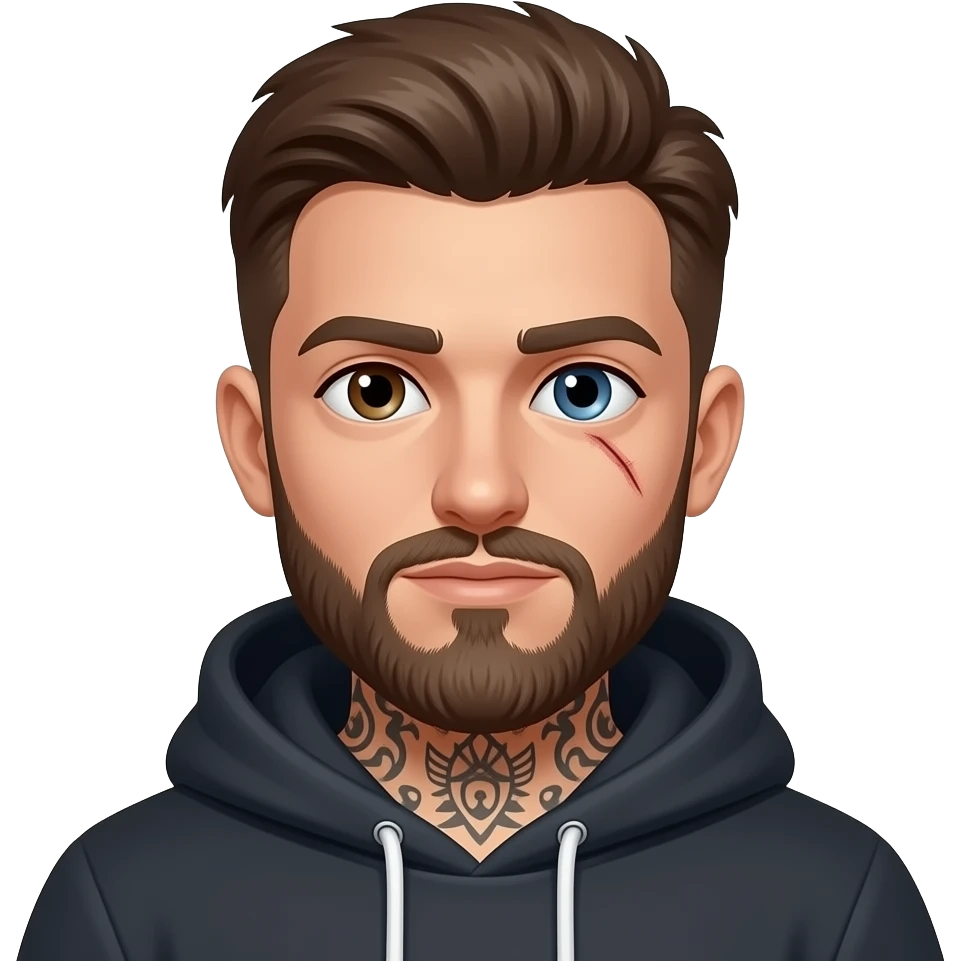 Guy, less beard, tattoos, hoodie, left eye dark brown, right eye light blue, scar across the right eye emoji