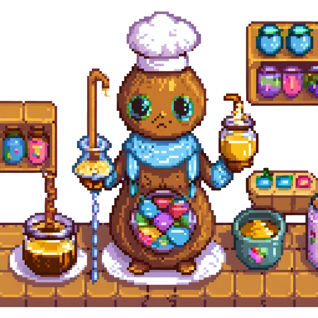 A candy-themed alchemist with caramel pipes, sugar-glass beakers, and honey-dripping mixers. The lab glows with syrupy hues and sticky textures. Interface buttons look like jelly beans, sliders resemble licorice sticks, and transitions melt like chocolate. emoji