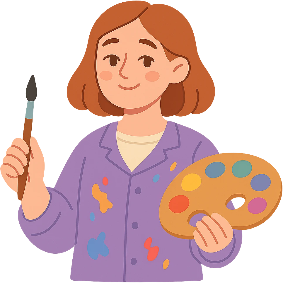Serene female oil painter, Caucasian features, shoulder-length auburn hair, soft brown eyes, gentle smile, wearing a violet painter’s smock lightly stained with paint over a beige blouse, holding a wooden palette with vibrant colors in one hand and a brush in the other, waist-up, front-facing emoji