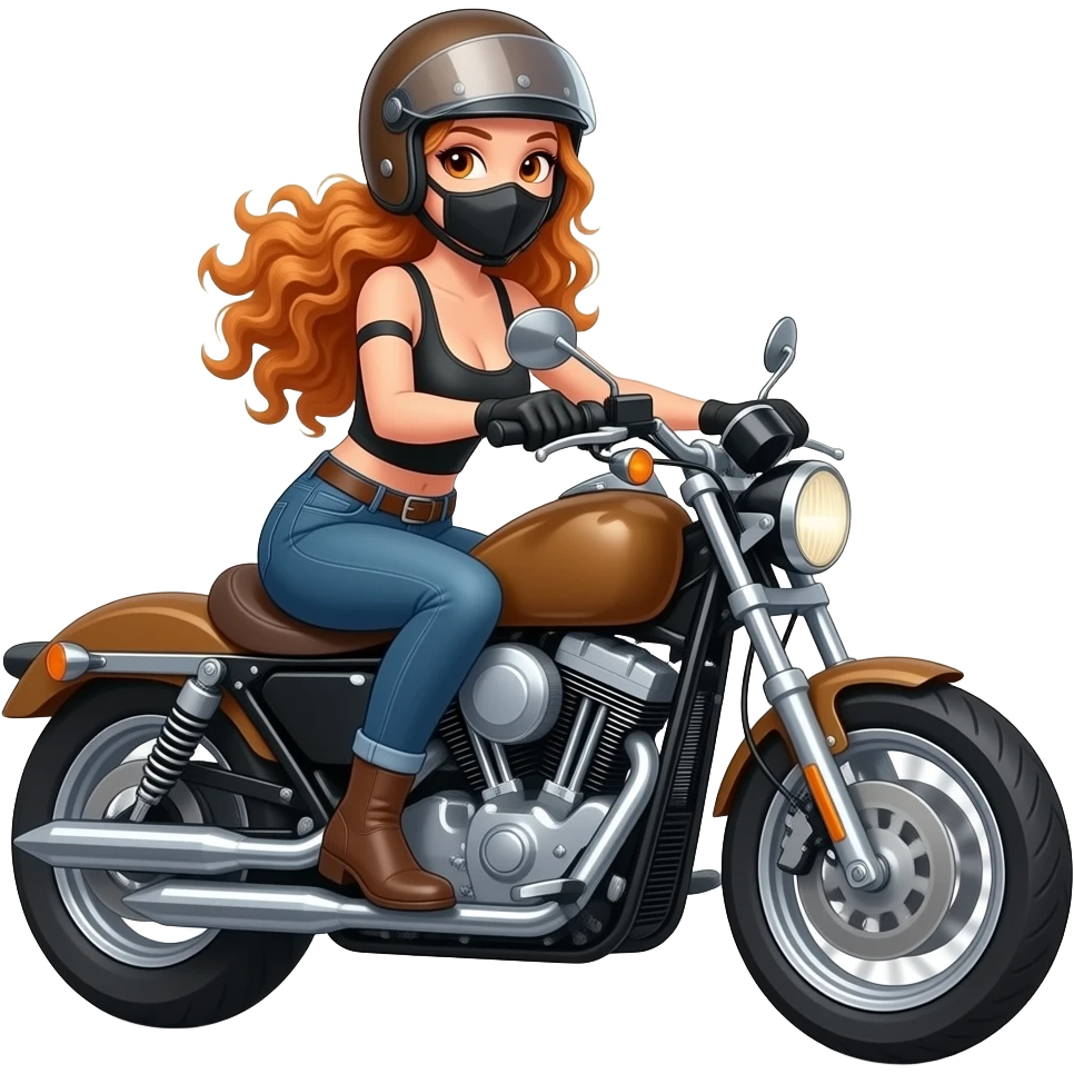 sexy girl with long curly ginger hair and ginger eyes is riding a motorcycle wearing a helmet and a mask emoji