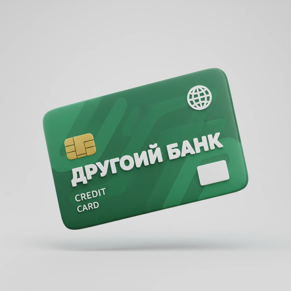 Используя слегка мультяшную, но при этом объемную стилистику cгенерируй кредитную карту на которой написано ДРУГОЙ БАНК, цвет карты зеленый emoji