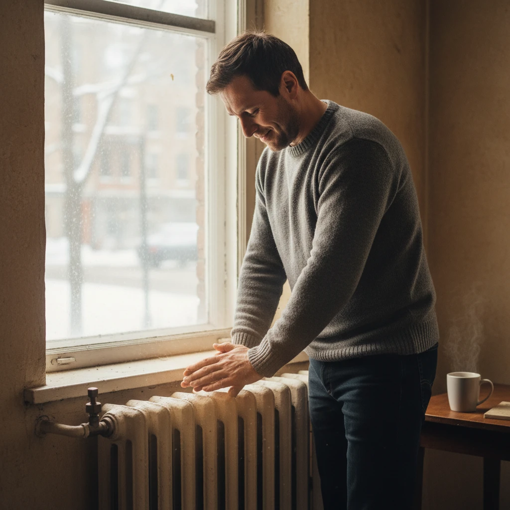 man warms his hands by the heating radiator  emoji