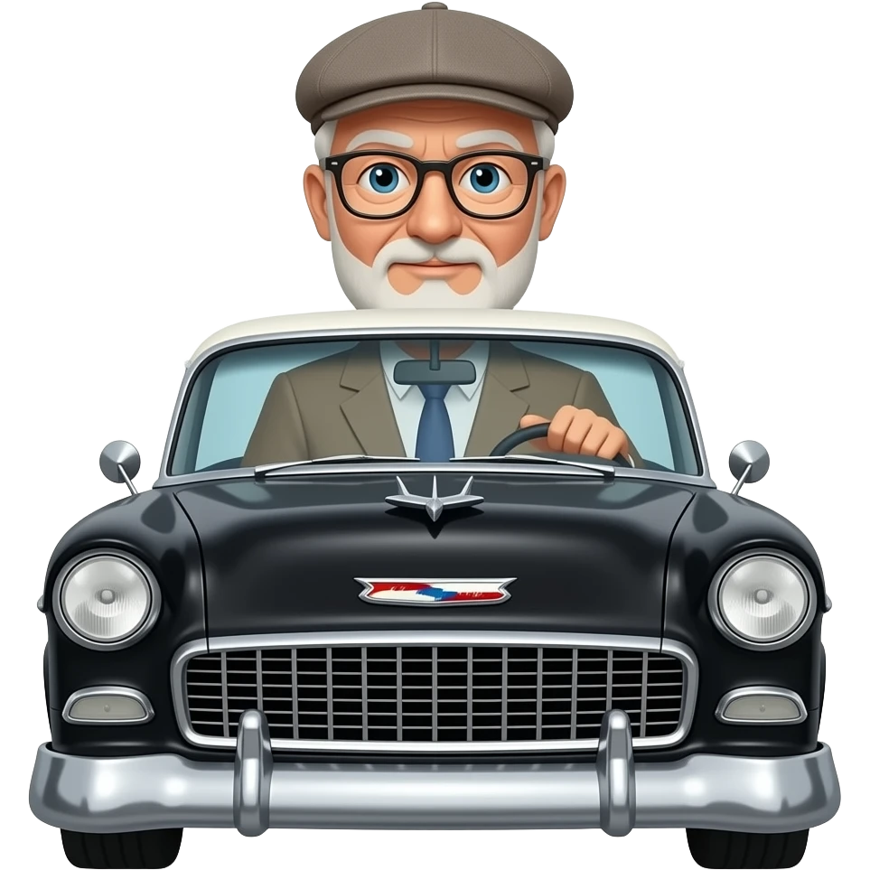 OLD MAN WITH  NO FACIAL HAIR GLASSES AND FLAT CAP DRIVING BLACK 1955 CHEVY WITH emoji