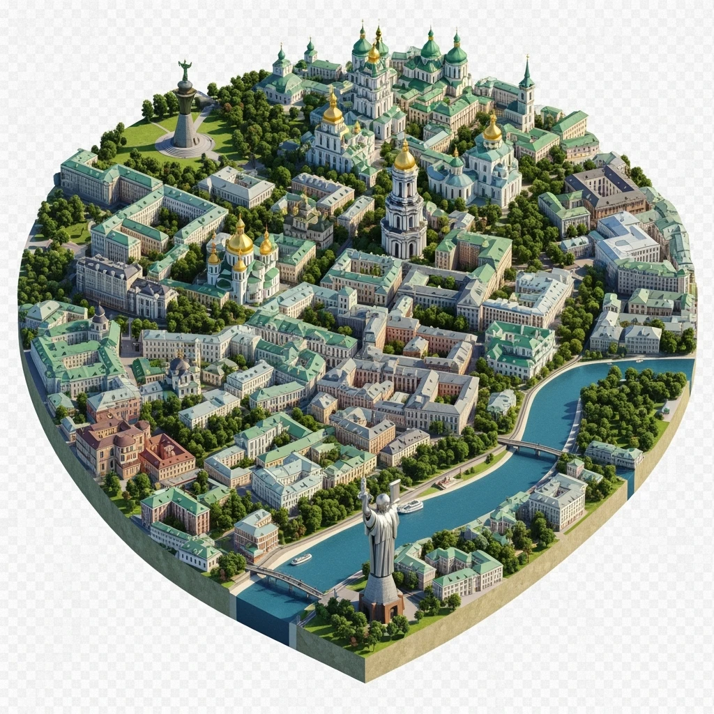 Isometric illustration of photorealistic Kyiv, balanced between paint stylized and realistic, 3D miniature effect, transparent background. emoji