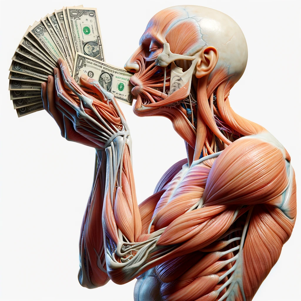 corpo umano anatomico che bacia una mazzetta di banconote, iperrealistica 4k, isolato su sfondo bianco emoji
