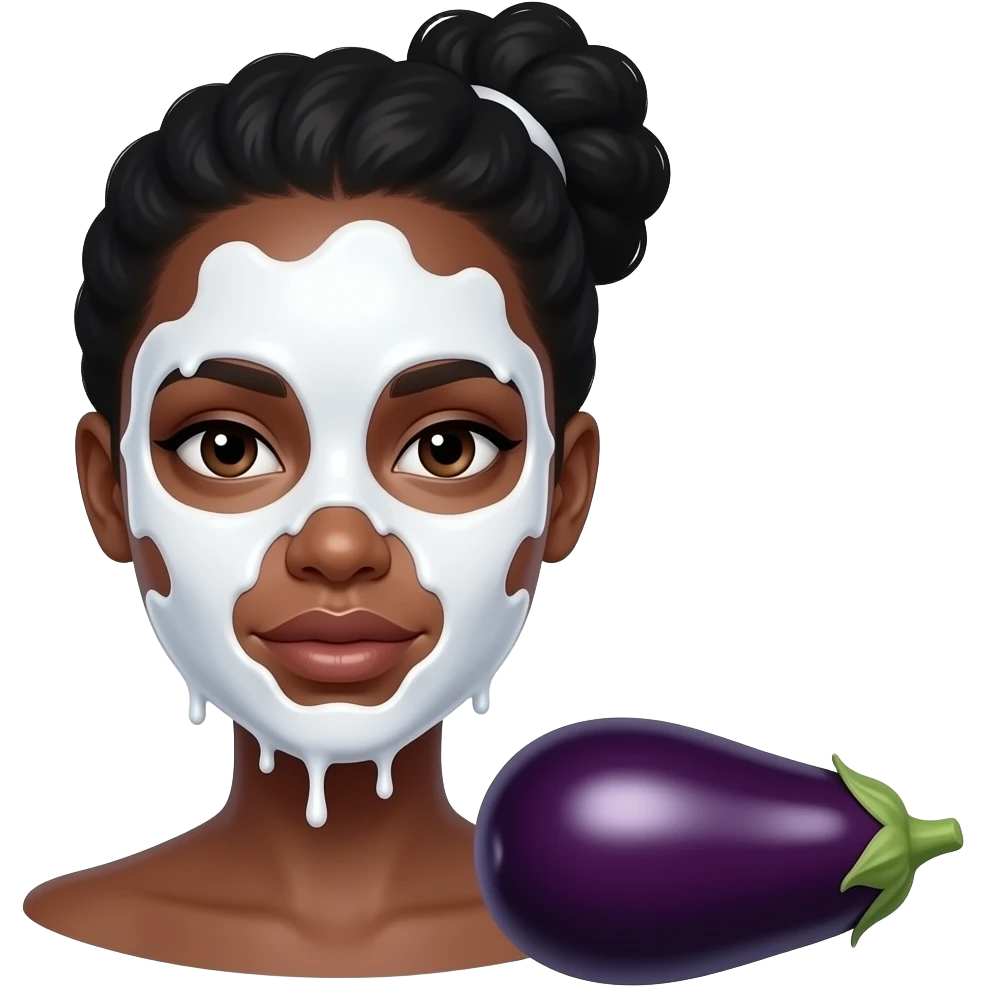 Black woman with white slime all over face and eggplant next to face. Tip facing woman and horizontal emoji