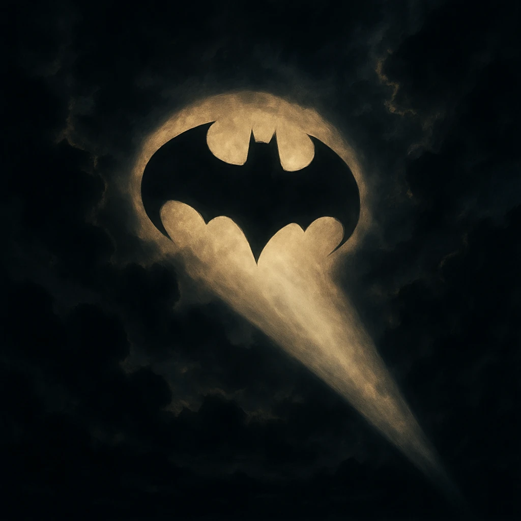 bat signal, dramatic lighting, night sky, iconic silhouette emoji