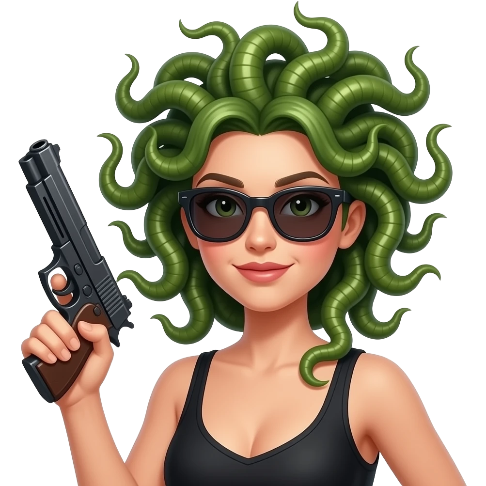 Flirty Beautiful Medusa with sunglasses holding gun emoji