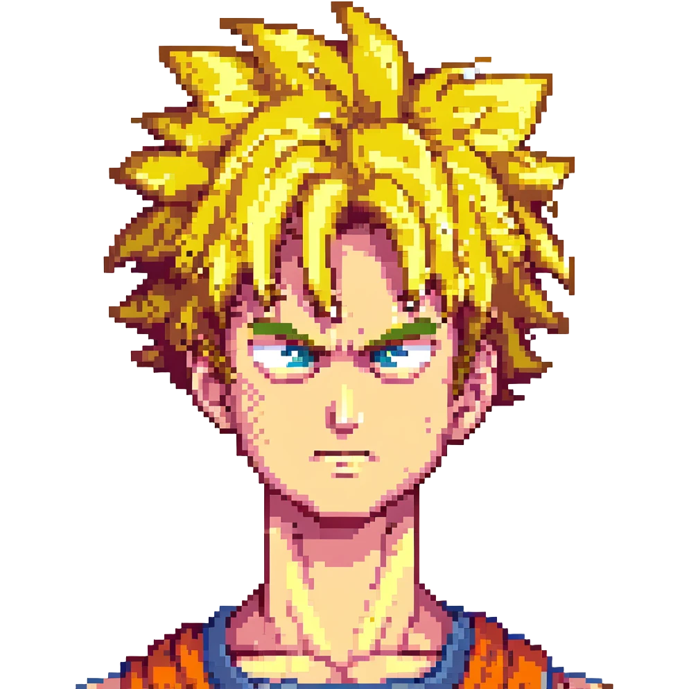 Goku from Dragon Ball Z, pixel art style, Super Saiyan form, golden hair, intense expression emoji
