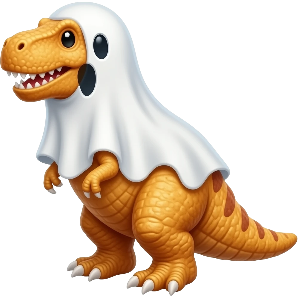 Dino chicken nuggie dressed up as a ghost emoji