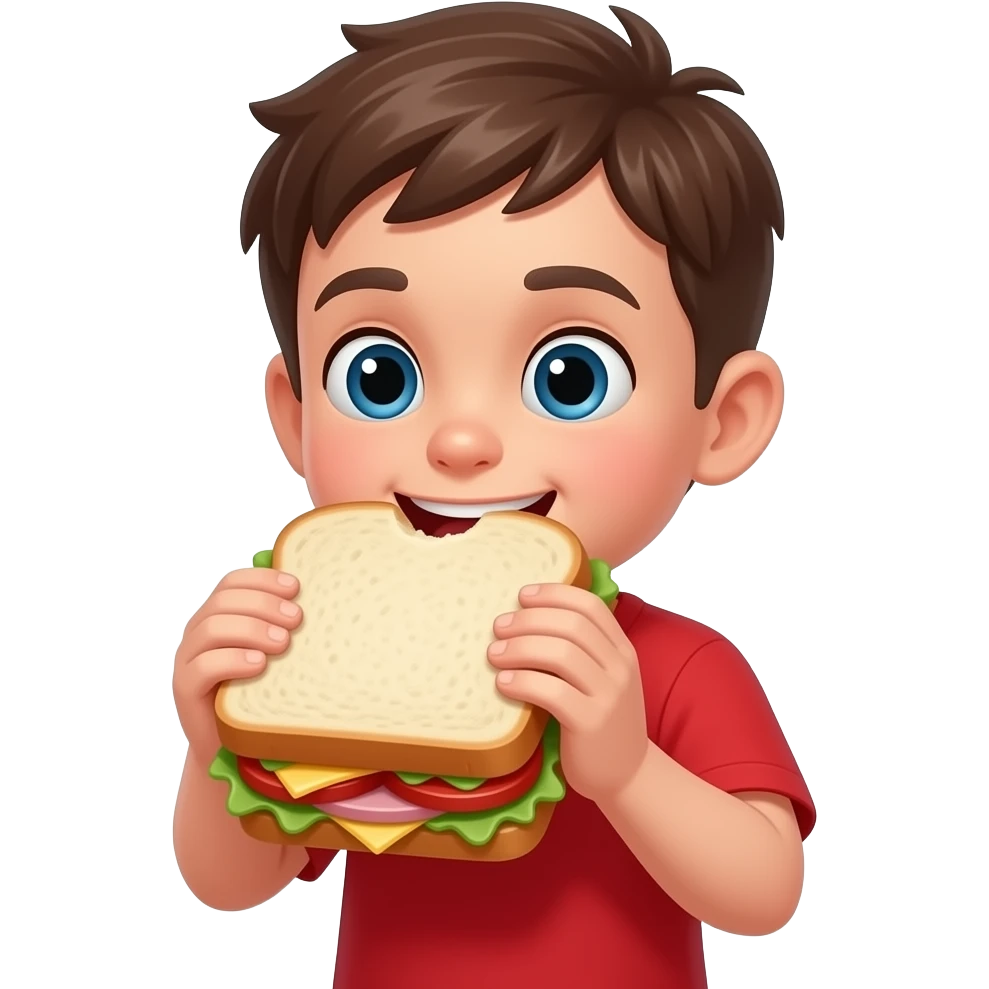 red clothes kid eating very big  sandwich emoji