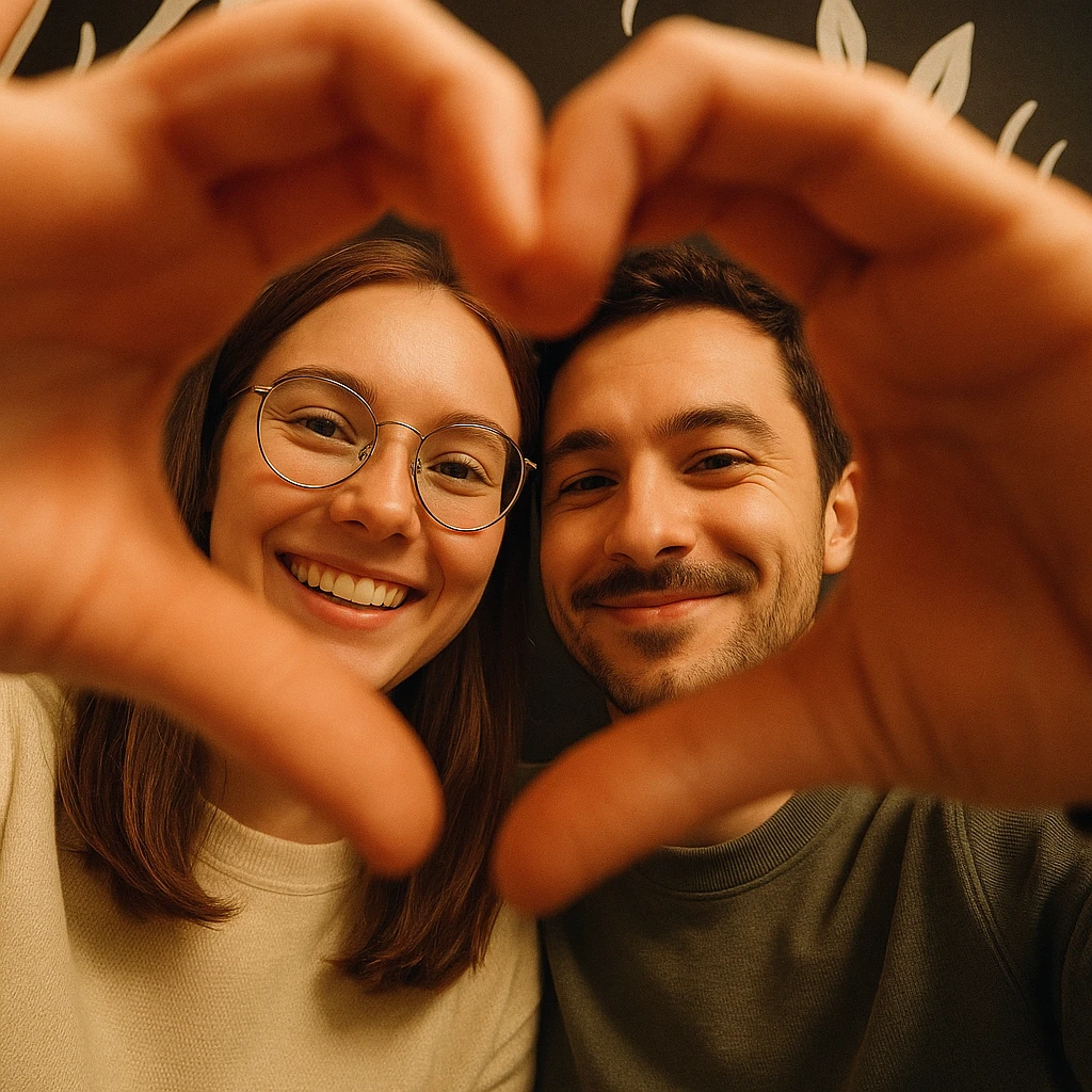 Two people taking a selfie from a low angle, faces framed by hands forming a heart shape. One wears round glasses, the other has a small beard and a knowing smile. Soft lighting, warm ambiance, white graphic decor on a dark background in the background. emoji