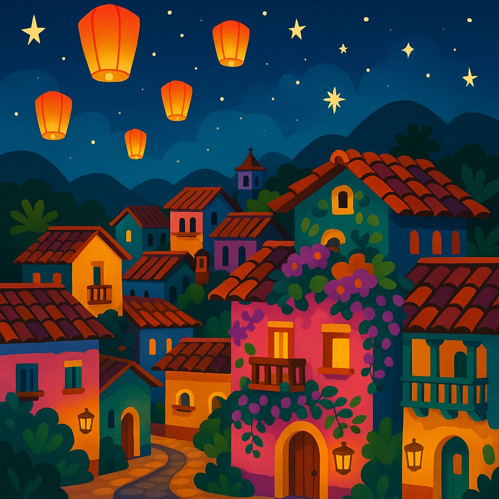 mystical Colombian village at night with floating lanterns, traditional houses, magical realism touches, storybook illustration style emoji