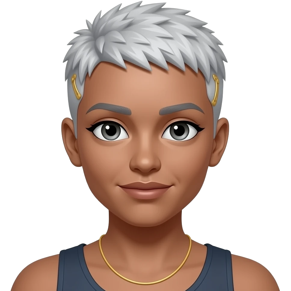 Señora de piel un poco clara, pelo muy corto en la parte de abajo de la cabeza colóchitos muy cortos y arriba corto y liso, con chapas de oro, collar de oro, pocas muy pocas canas emoji