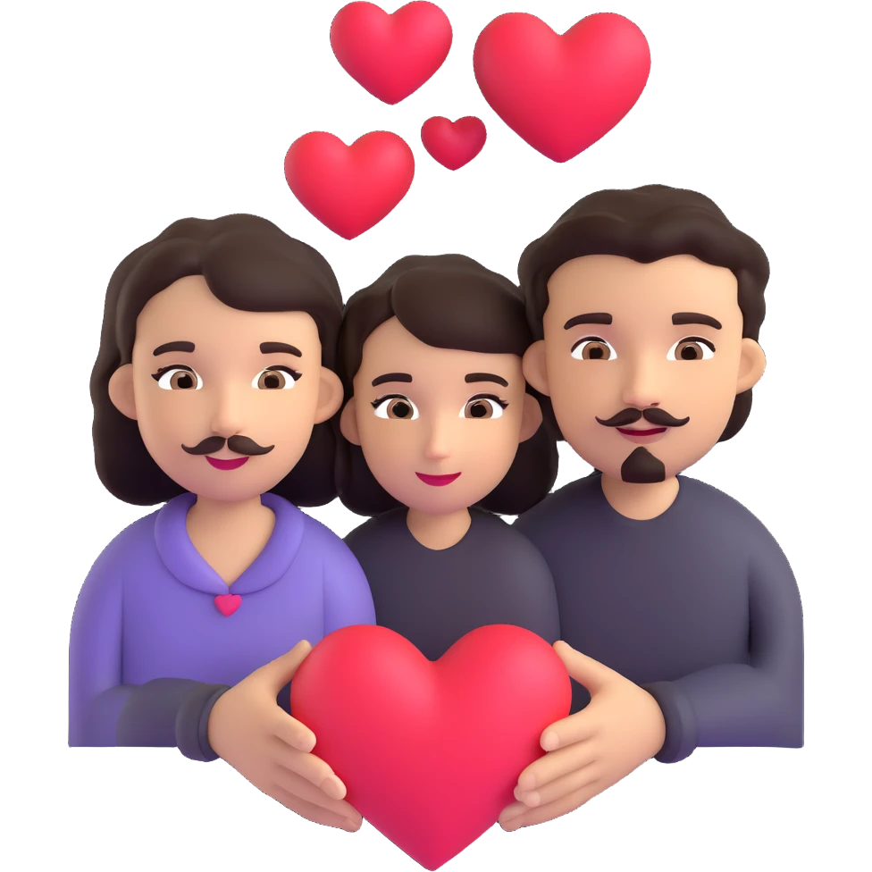 couple emoji: pale girl with long straight dark brown hair, no facial hair; tan boy with short black curly hair, small goatee and separate mustache; multiple hearts around the couple emoji