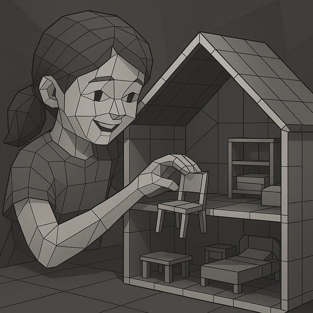 smiling girl arranging furniture in doll house emoji