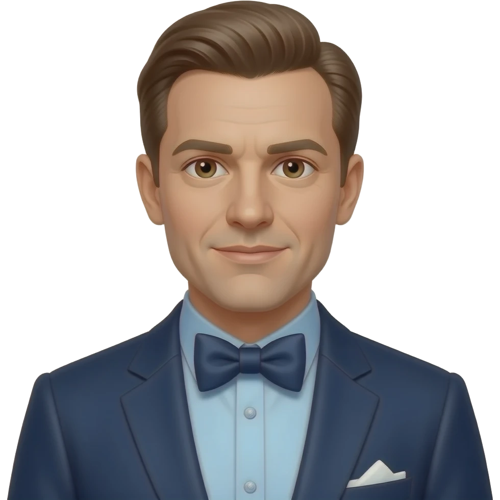 Richard Loeb from Leopold and Loeb with brown eyes, brown-blond hair, powder blue metallic shirt, dark blue metallic suit jacket, dark blue metallic bow tie emoji