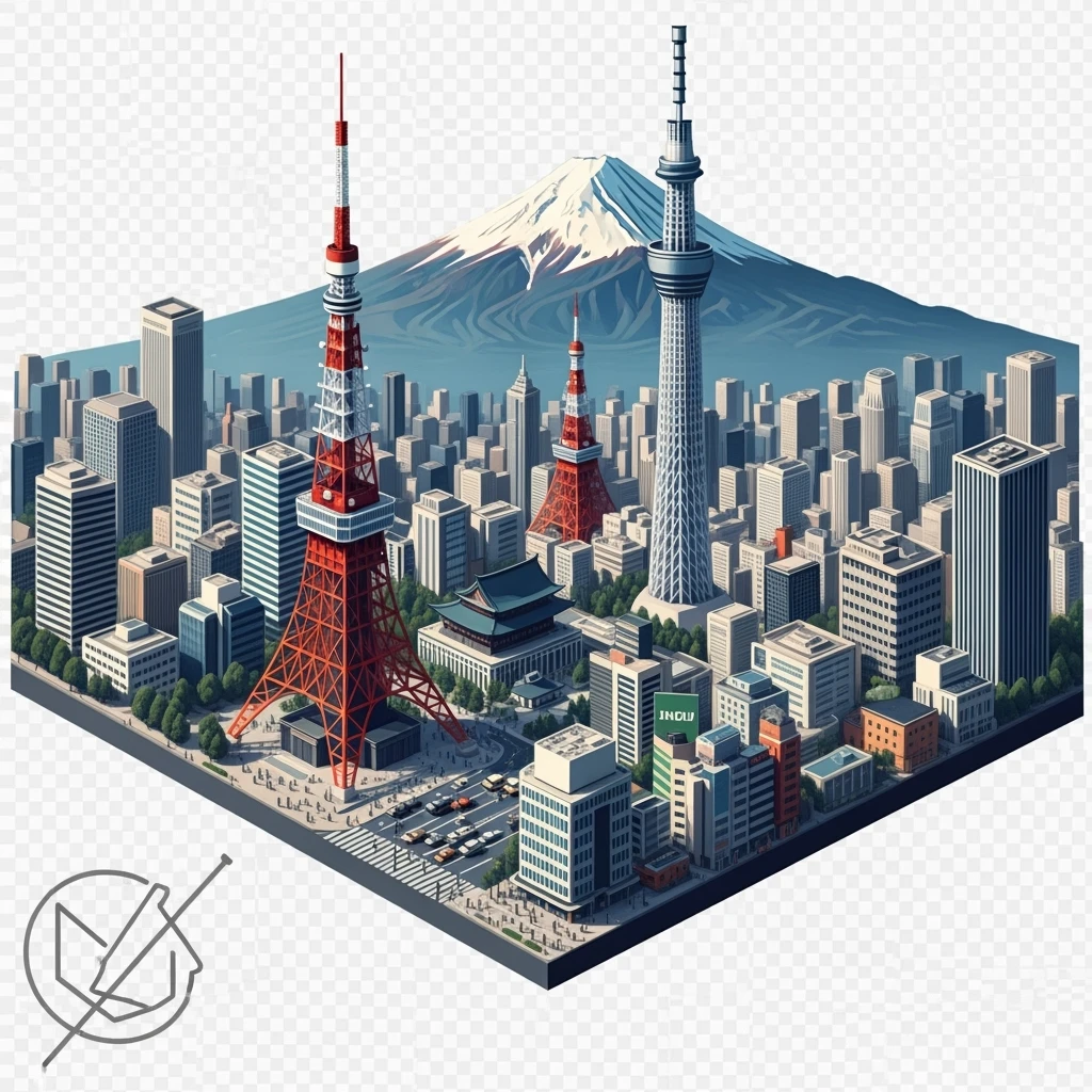 Isometric illustration of Tokyo, with photorealistic detailed miniature cityscape included Tokyo Tower, Skytree, Shibuya Crossing, Mount Fuji in background, balanced colors, subtle 3D miniature effect and Tilt Shift effect, no cartoonish look, transparent background. emoji