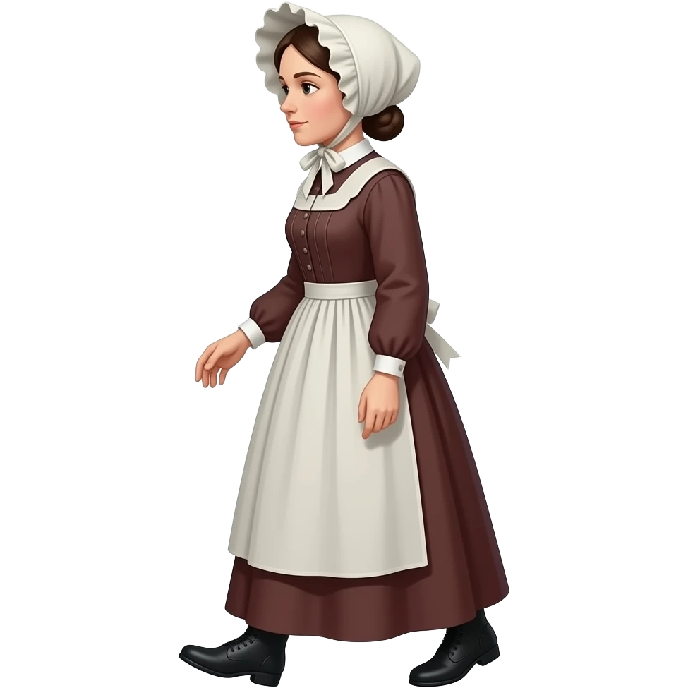 pioneer woman from 1850 walking sideways looking forward wearing a bonnet emoji