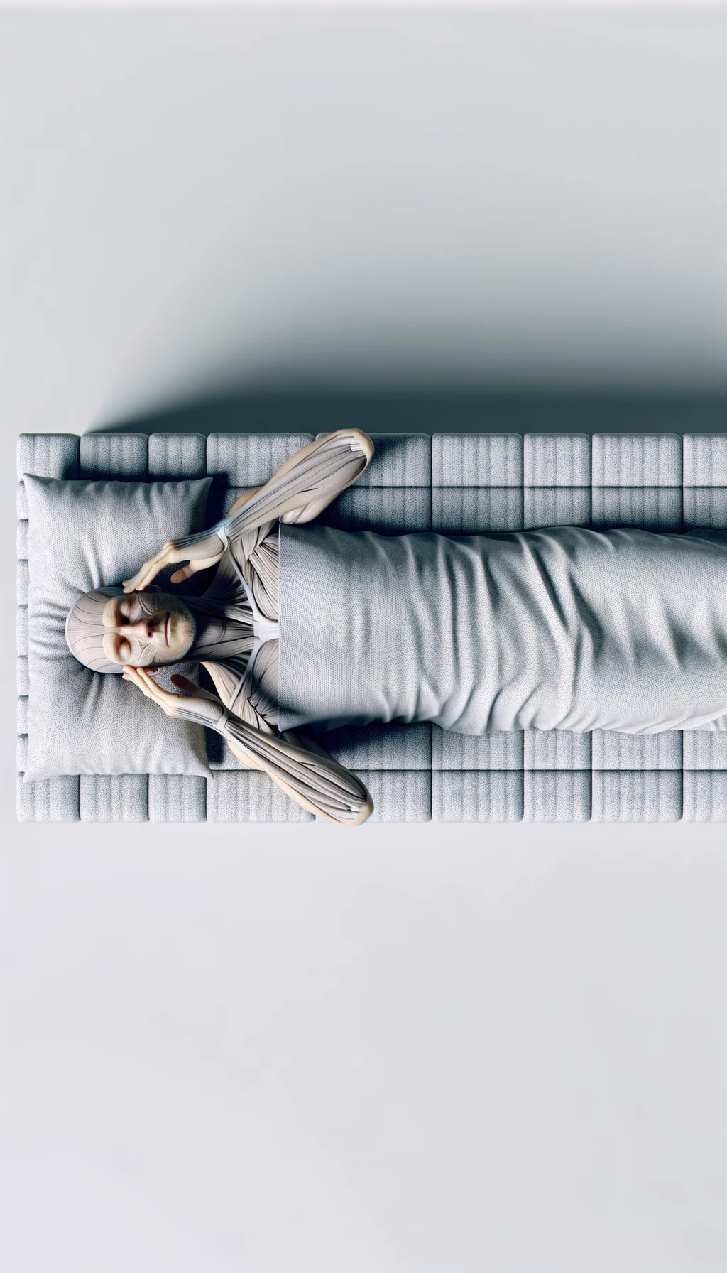 CORPO UMANO ANATOMICO steso sulle lenzuola sul materasso visto dall'alto che si concentra con gli occhi chiusi e le mani sulle tempie, SFONDO CHIARO NEUTRO, iperrealistico 4k emoji