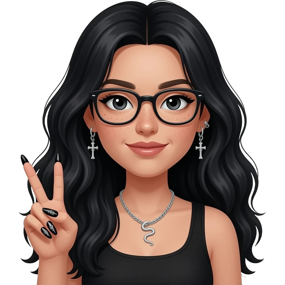 Girl in black, sitting (upper body), long voluminous hair, black eyes with light eyeliner, glasses, subtle freckles. Helix-to-lobe chain earrings with skeleton cross details, small silver snake necklace. Holding a peace sign, long black and silver nails with detailed designs emoji