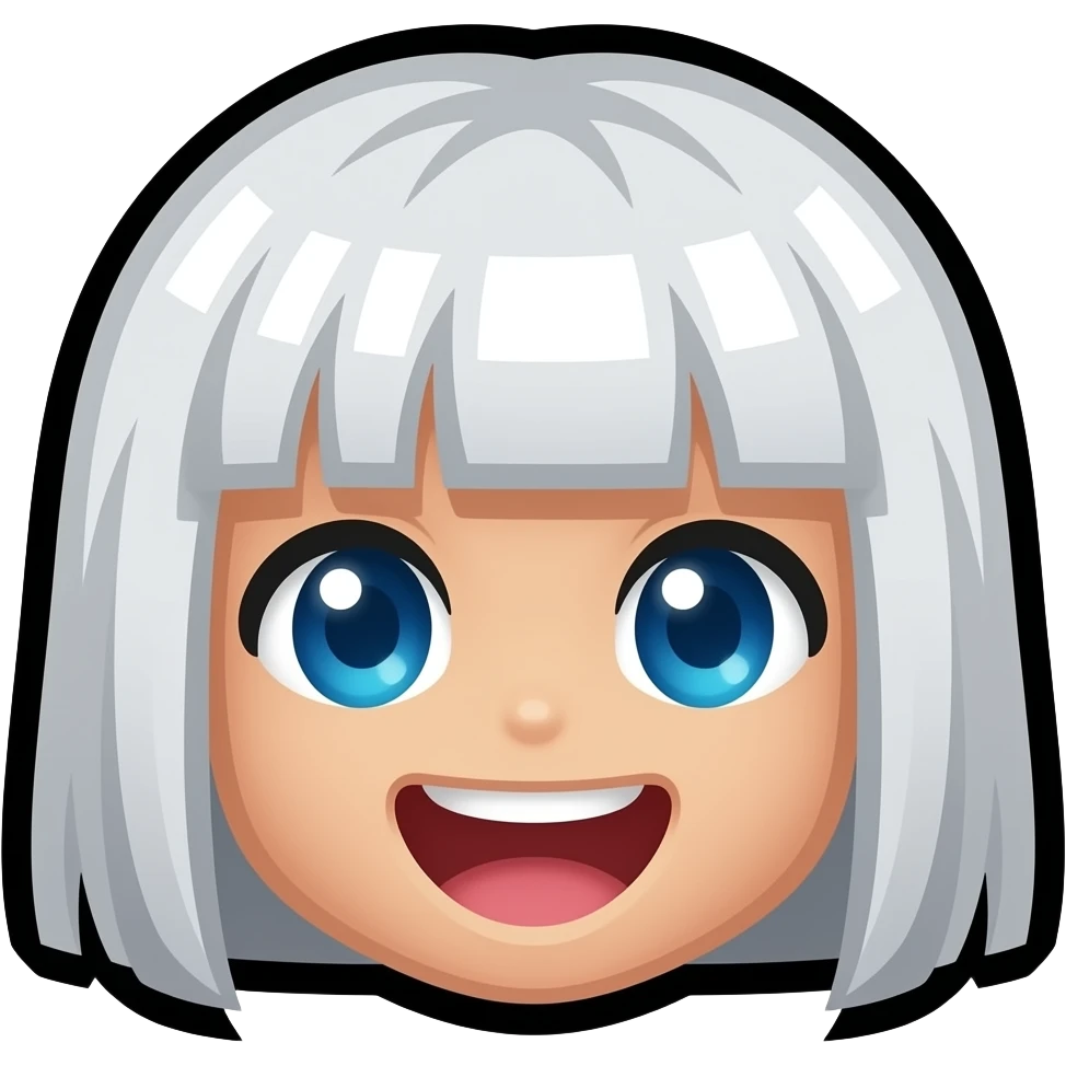 4-bit Chibi square pixelated head icon of a girl laughing white white short hair blue eyes pixel square eyes and brown skin emoji