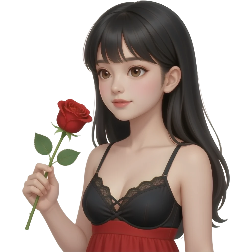 Asian girl with black long hair (no bangs), pretty brown siren eyes, a red dress, thin strap, with the top of a black bra showing laced, make her look attractive  have her head tilted to the side holding a blood red color rose make her look 15 years old and looking at the rose emoji