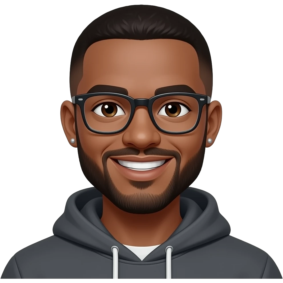 caramel skin man in his 20s with buzzcut. dark brown eyes. beard. glasses. smiling. wearing a hoodie. stud earrings. emoji