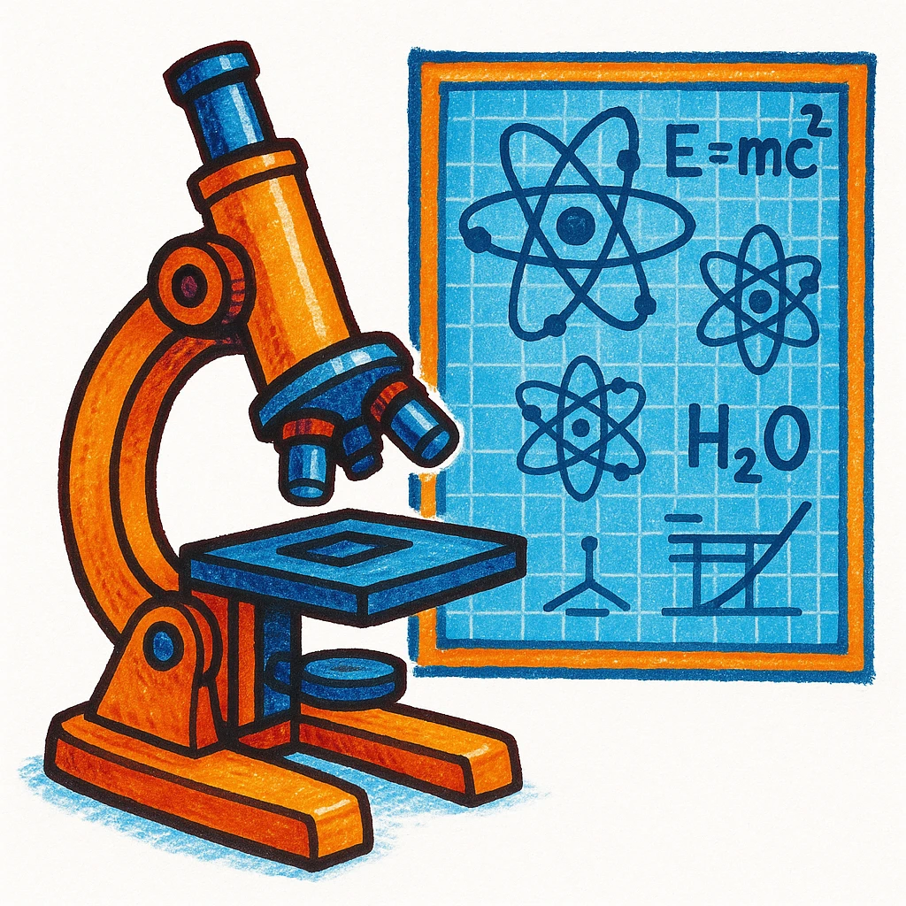 Сгенерируй мне  в ярком рисованном стиле микроскоп а рядом с ним чертеж с атомами и формулами, на белом фоне emoji