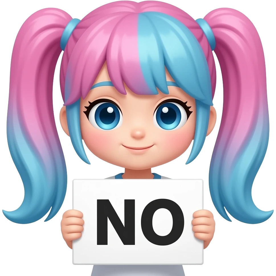 Can you make a chibi girl that has pink and blue hair with a sign that says no emoji