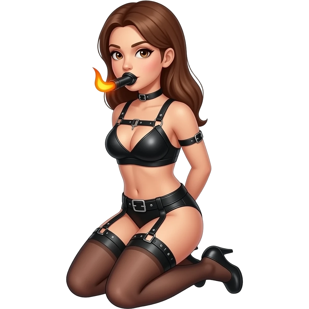 Women in bdsm Dessous. Heat leather Harness with Pumpgag in Her mouth. Setting on her knee. Arms behind the body. emoji