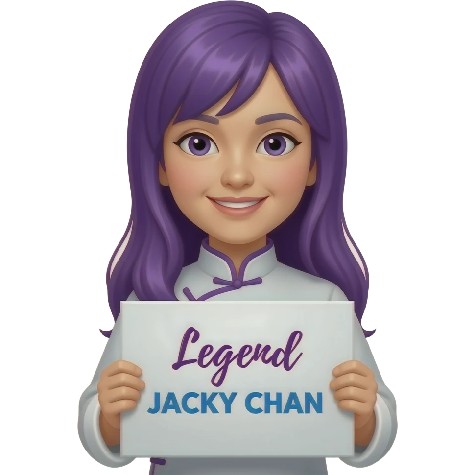 girl with long purple hair holding a Legend JACKY CHAN sign emoji