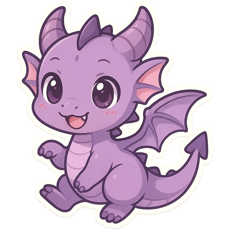 purple dragon in chibi anime style, cute, big eyes, small body, playful expression emoji