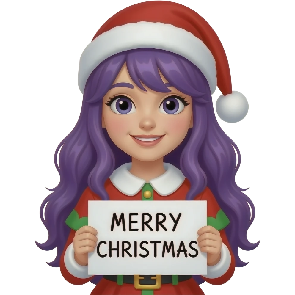 girl with long purple hair wearing a christmas costume holding a MERRY CHRISTMAS sign emoji