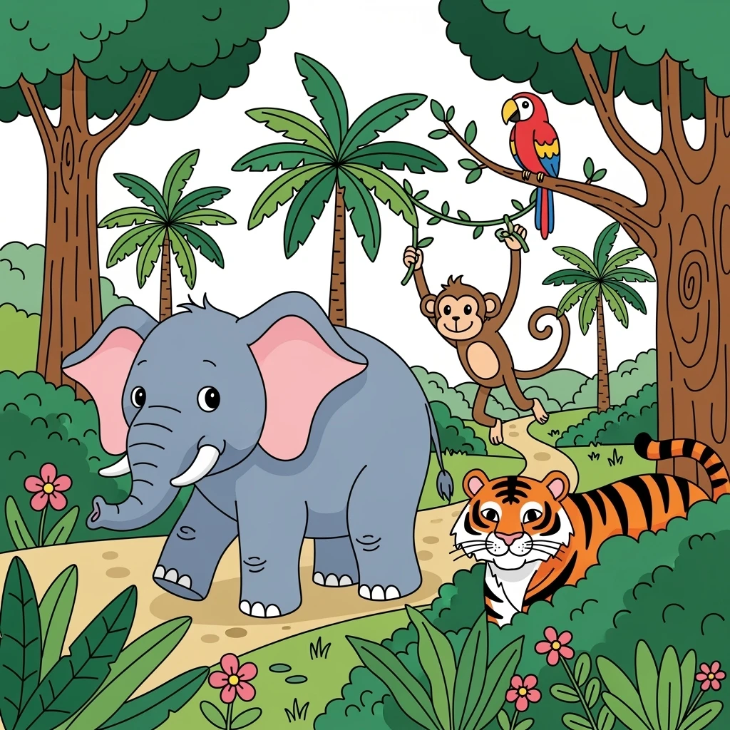 hand drawn digital illustration of jungle safari in the style of children's illustration emoji