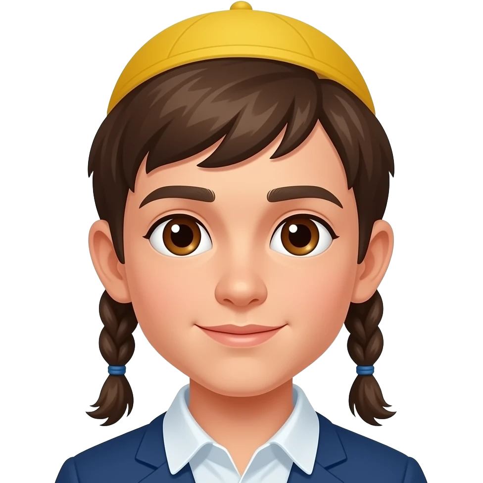 Payot curly long style hair by ears Jewish boy with yamaka brown eyes emoji