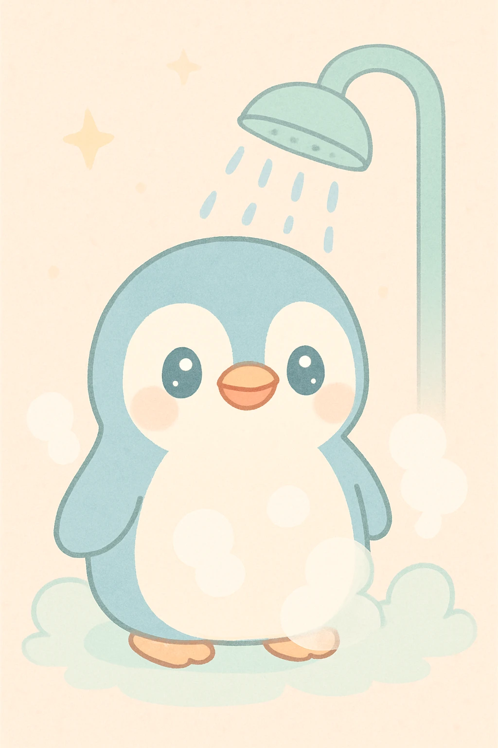 a penguin taking a cold shower, steam rising, playful illustration emoji