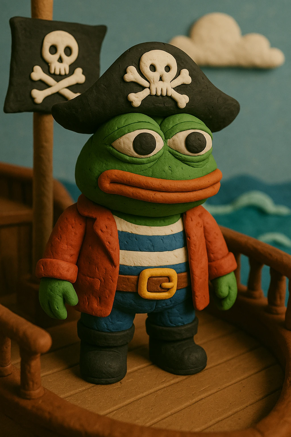 Add the exact skull and crossbones symbol to the pirate flag and the pirate hat in the claymation style image of Pepe the Frog in pirate attire standing on a pirate ship deck with an ocean scene. emoji